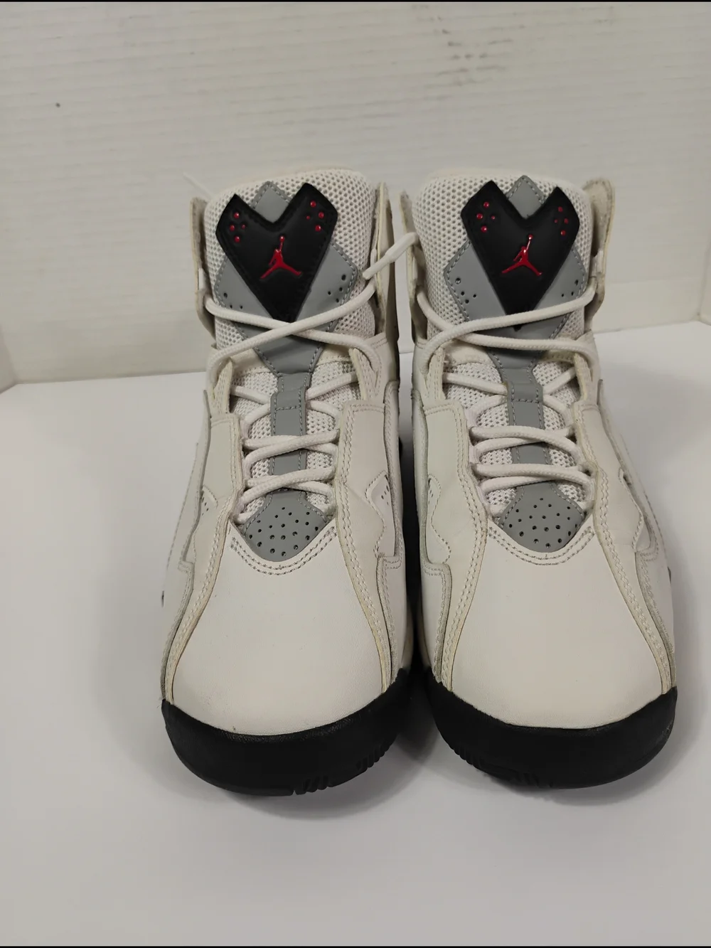 Jordan Kids High-Top Sneakers in White, Gray, Black with Red Logo